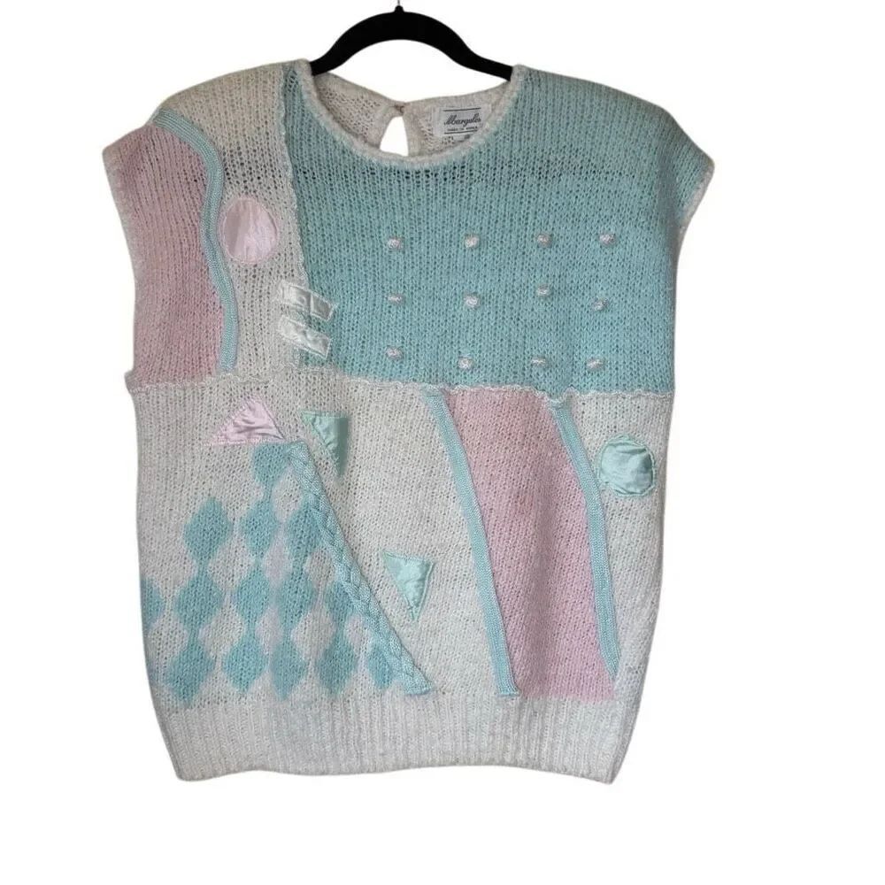 Vintage Margules Sleeveless Pastel Appliqué Sweater Size M Soft Girl, Vintage